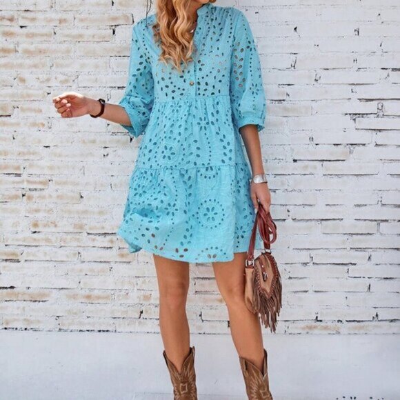 Blue Boho Women's Eyelet Embroidery Button Front Smock Dress - Picture 1 of 6